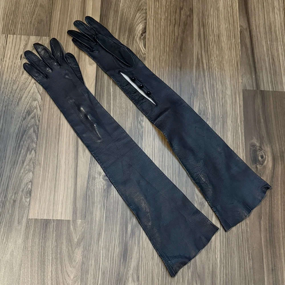 Antique Leather Soft Genuine Black Long Opera Evening Petite Chic Gloves Italy 7 - Picture 5 of 15